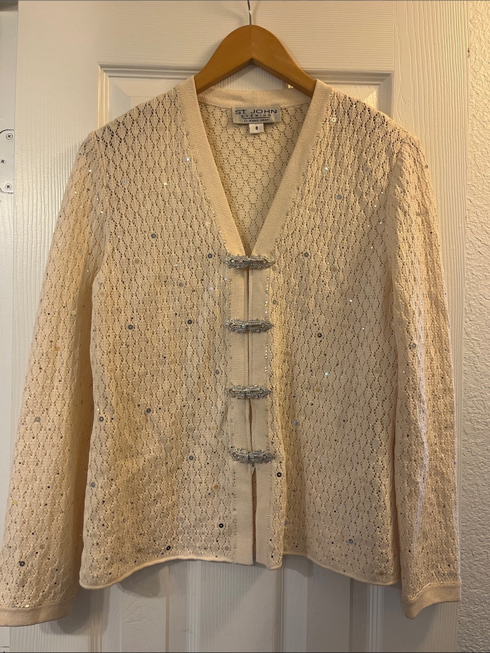 St. John Cream Openwork Sequin V-Neck Cardigan with Jeweled Hooks